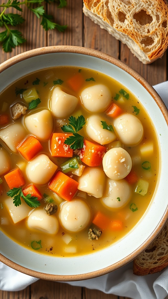 A comforting bowl of potato gnocchi soup with vegetables and garnished with parsley, next to a slice of bread.